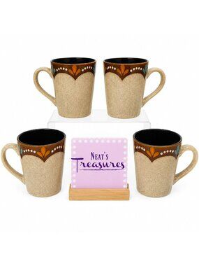 Tabletops Gallery SCALA Brown Speckled Dot Floral 14oz Stoneware Mugs Cups Set 4